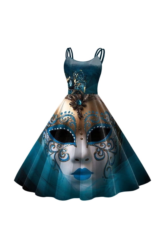 Womens Sling Dresses Carnival Purple Feather Pattern Belted Swing Midi Gown Spring Float Outings Skirts For Lady