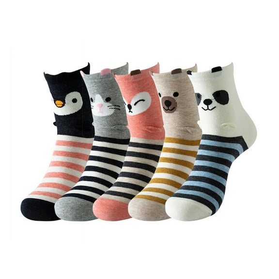 Yuanlong Womens Socks 5-Pairs Animal Print Striped Mid-Calf Socks Chic Playful Soft Comfortable Relaxed Socks For Ladies
