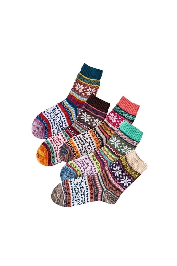 Womens Socks 5 Pairs Boho Thick Knit Textured Crew Socks Winter Thermal Hosiery Breathable Mid Length Stockings