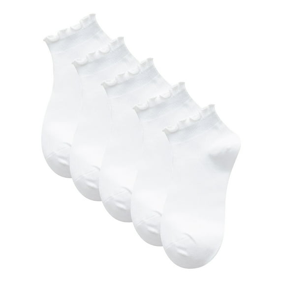 Yuanlong Womens Socks 5 Pairs Spring Solid Color Ruffled Knit Low Tube Cotton Socks Daily Hosiery Breathable Short Socks