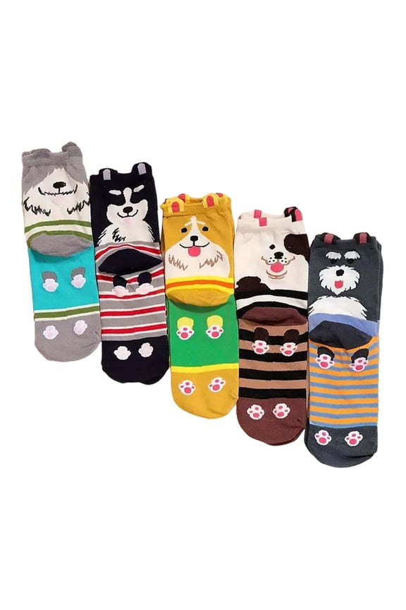 Womens Socks 5-Pcs Spring Cartoon Animal Ear Medium Tube Socks Outdoor Daily Wear Breathable Cute Crew Socks