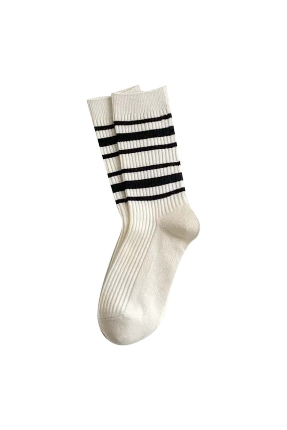Womens Socks Black striped Knitting White Mid Tube Calf Socks Spring Winter Daily Hosiery Breathable Crew Socks