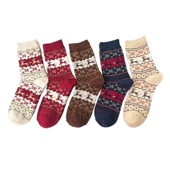 Yuanlong Womens Socks Christmas 6 Pairs Reindeer Pattern Ribbed Cozy Mid Crew Socks Holiday Warmth Comfort Mid Calf Socks