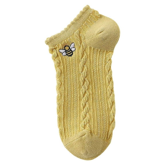 Yuanlong Womens Socks Cute Bee Embroidery Pattern Ruffle Knit Short Socks Daily Wear Comfortable Breathable Ankle Socks
