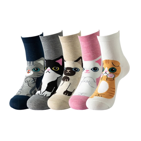 Yuanlong Womens Socks Cute Cat Cartoon Pattern Medium Tube Socks Comfort Breathable Crew Socks For Spring Summer Hosiery