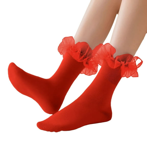 Yuanlong Womens Socks Elegant Lace Trimmed Plain Knit Crew Socks With Ruffle Detail Daily Stretchable Warm Mid Stockings