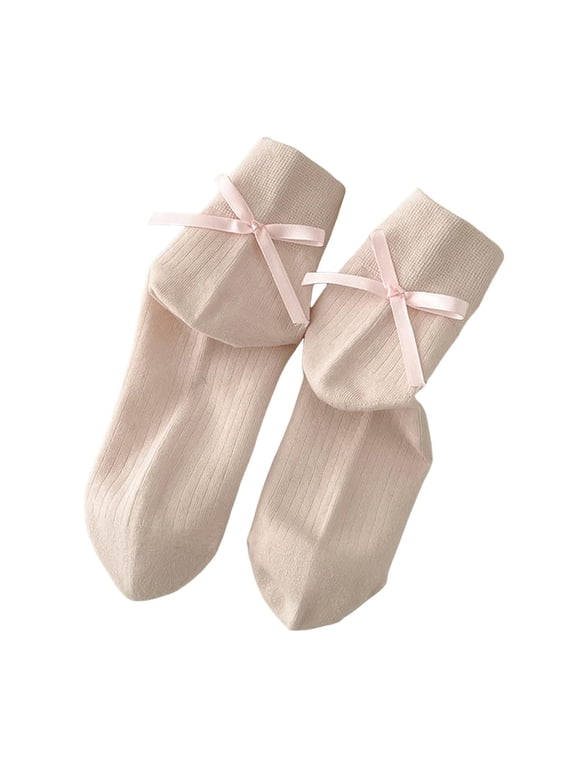 Womens Socks Ladies Cute Tie Bow Solid Color Medium Tube Socks Daily Outdoor Versatile Casual Crew Socks One Size