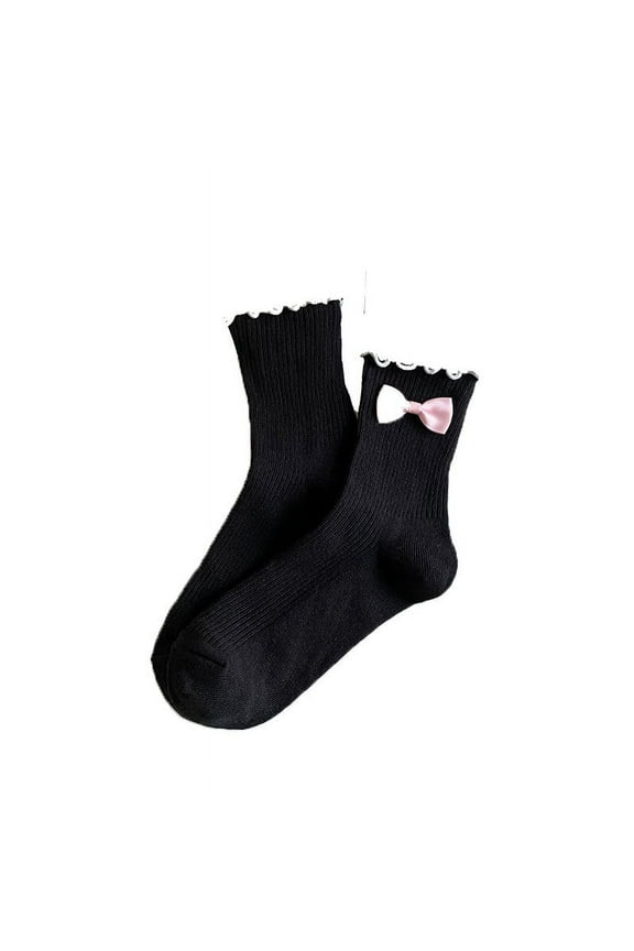 Womens Socks Ladies Sweet Styles Solid Color Bow Ruffle Frilly Crew Socks Daily Versatile Fashion Medium Socks
