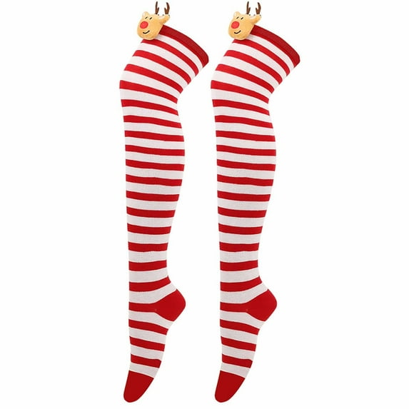 Yuanlong Womens Socks Merry Christmas Striped Reindeer 3D Detail Knee High Stockings Daily Holiday Cute Cartoon Doll Socks