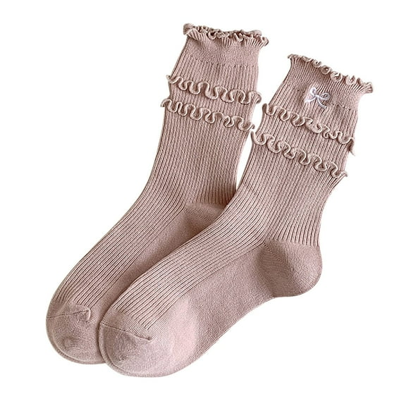 Yuanlong Womens Socks Plain Bow Embroidery Ruffled Knitted Crew Socks Sweet Cute Style Breathable Cozy Middle Socks11