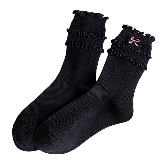 Yuanlong Womens Socks Plain Bow Embroidery Ruffled Knitted Crew Socks Sweet Cute Style Breathable Cozy Middle Socks11