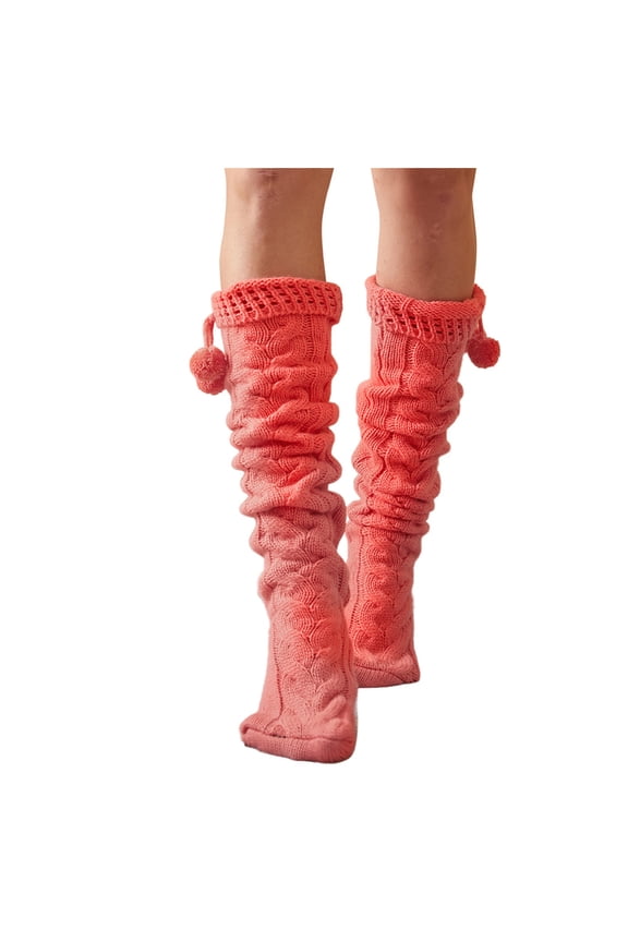 Womens Socks Plain Ribbed Knit Thigh High Stocking With Pom Poms Pendant Daliy Soft Tights Leg Warmers Tall Socks