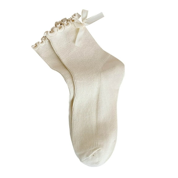 Yuanlong Womens Socks Solid Color Cute Bow Ruffled Knit Mid Length Socks Spring Winter Casual Breathable Medium Stockings