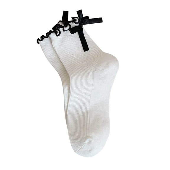 Yuanlong Womens Socks Solid Color Cute Bow Ruffled Knit Mid Length Socks Spring Winter Casual Breathable Medium Stockings