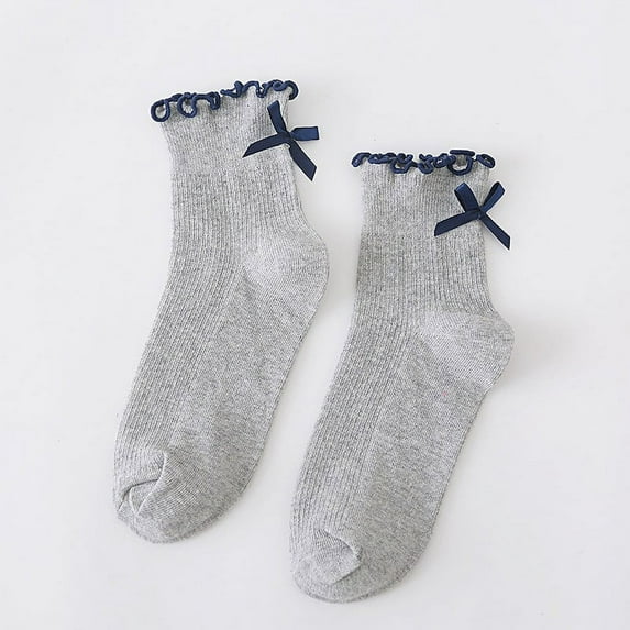 Yuanlong Womens Socks Solid Color Knit Cute Bow Ruffled Mid Length Knit Socks Daily Hosiery Breathable Medium Stockings