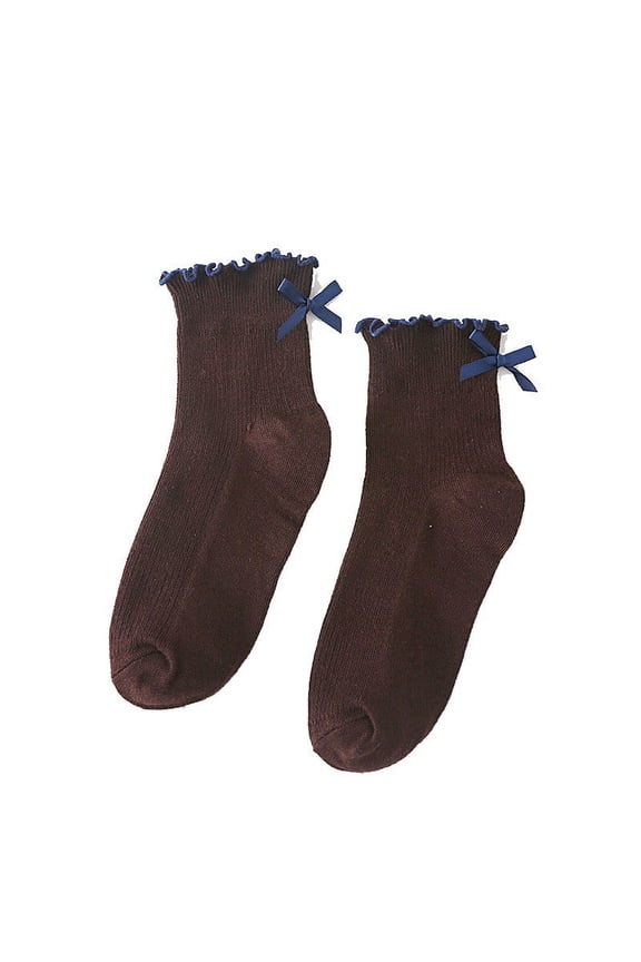 Womens Socks Spring Autumn Solid Color Bow Tie Ribbed Ruffle Crew Socks Streetwear Breathable Cute Socks One Size