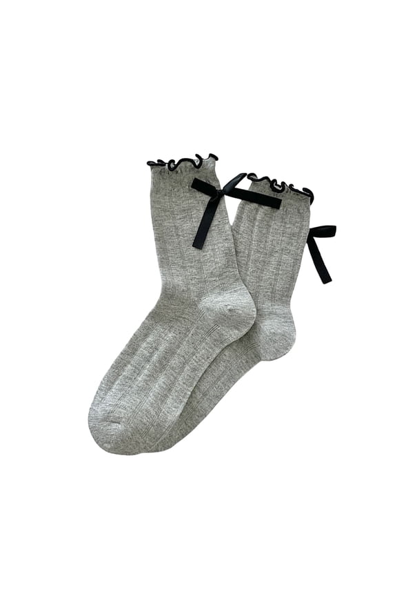 Womens Socks Spring Lady Plain Bow Tie Ruffle Medium Tube Socks Sweet Styles Comfortable Mid Stockings One Size