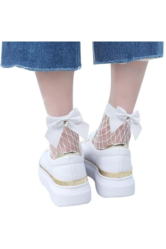 Womens Socks Spring Summer Fashion Bow Tie Fish Mesh Ruffle Lace Medium Socks Lady Breathable Light Short Socks