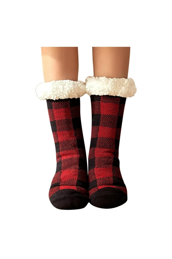 Womens Socks Winter Ladies Plaid Pattern Thickened Thermal Slipper Socks Indoor Comfortable Knit Sleeping Socks