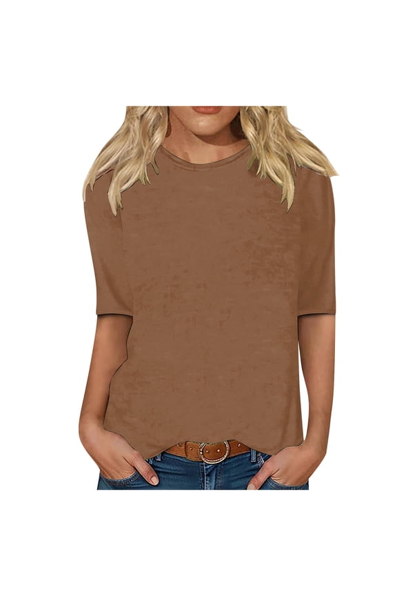 Womens Solid Color T Shirt Crew Neck Elbow Length Sleeve Tee Relaxed Fit Casual Office Versatile Layering Top