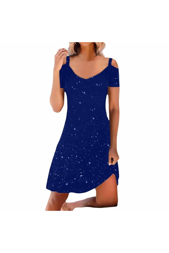 Womens Starry Dress Cold Shoulder Short Sleeve V-Neck A-Line Gown For Valentine Sweet Outings & Carnival Skirts
