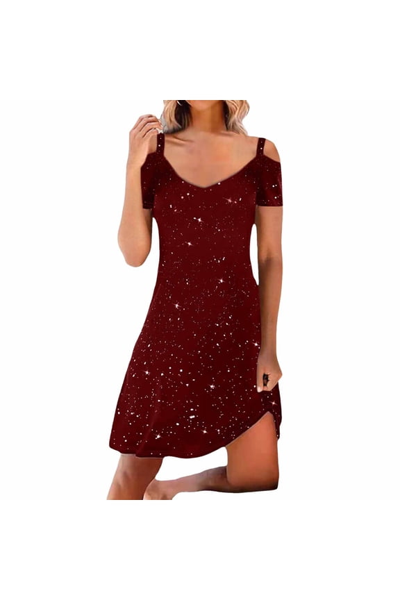 Womens Starry Dress Cold Shoulder Short Sleeve V-Neck A-Line Gown For Valentine Sweet Outings & Carnival Skirts