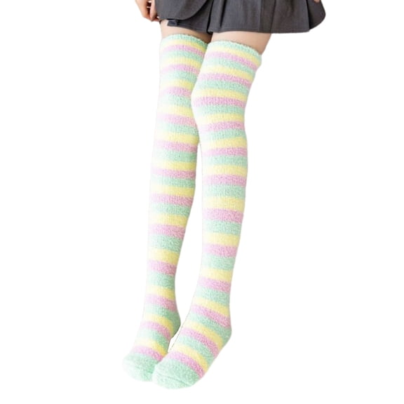 Yuanlong Womens Stockings Colorful Striped Fuzzy Thigh High Socks Soft Warm Playful Stretchy Daily Wear Lady Long Socks