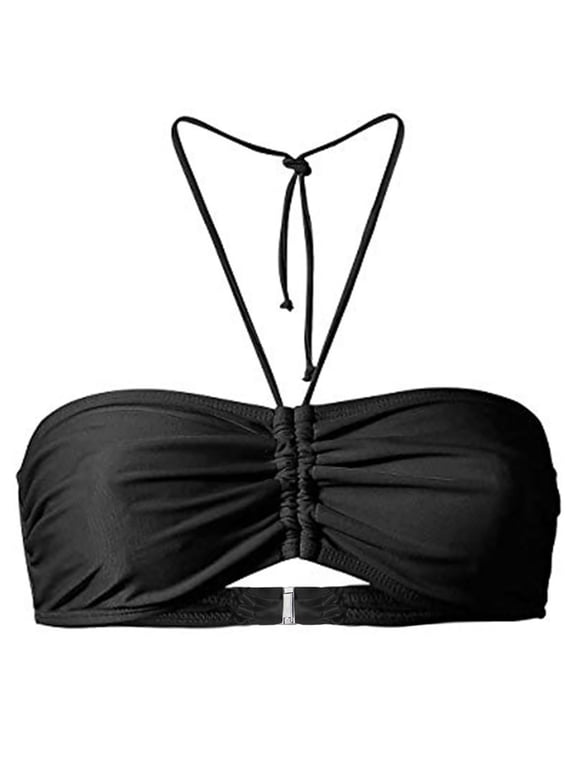 Womens Strapless Bra Halter Drawstring Ruched Bikini Top Swim Top Bra Back Clasp Padded Beach Pool Bathing Suit Top Bra