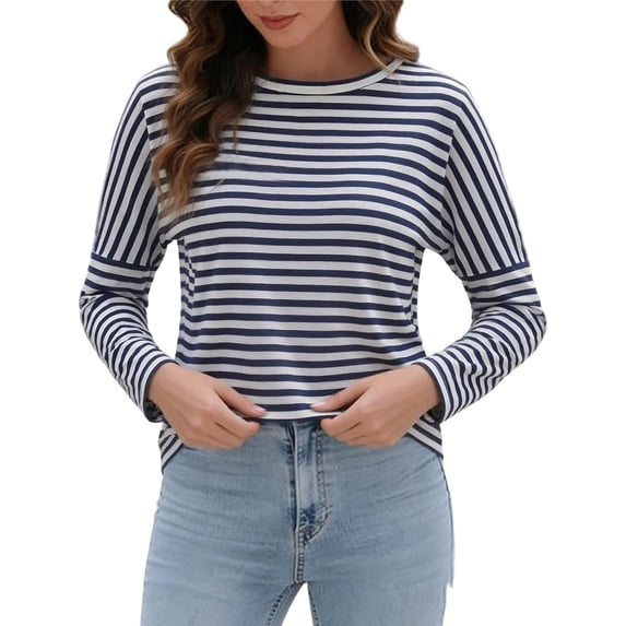 Yuanlong Womens Striped Long Sleeve T Shirt Crew Neck Classic Relaxed Fit Tee Soft Breathable Office Daily Basic Layering Top