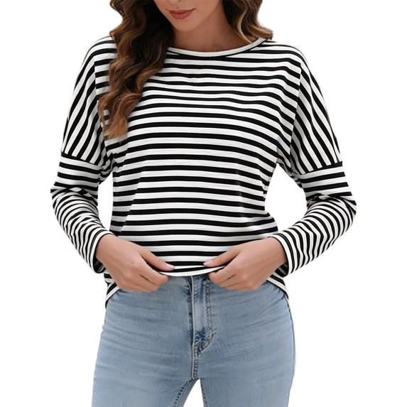 Yuanlong Womens Striped Long Sleeve T Shirt Crew Neck Classic Relaxed Fit Tee Soft Breathable Office Daily Basic Layering Top