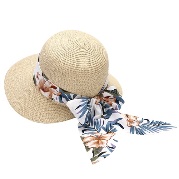 Yuanlong Womens Sun Hats Plain Wide Brim Floral With Scarf Woven Straw Hat Spring Summer Breathable Beach Foldable Caps