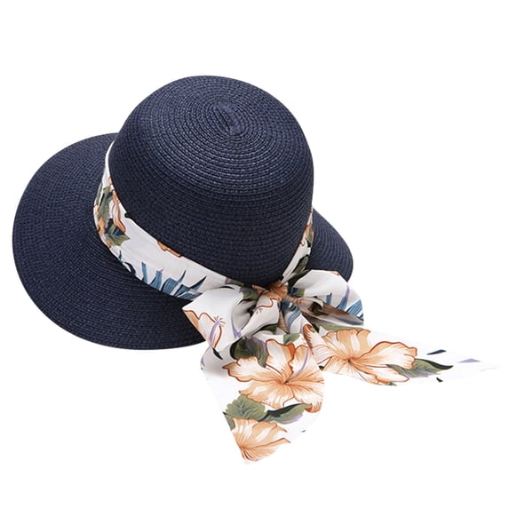 Yuanlong Womens Sun Hats Plain Wide Brim Floral With Scarf Woven Straw Hat Spring Summer Breathable Beach Foldable Caps