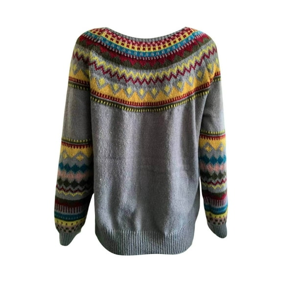 Yuanlong Womens Sweaters Bohemian Long Sleeve Printed Round Neck Knitted Sweaters Winter Fall Loose Thermal Pullover Tops