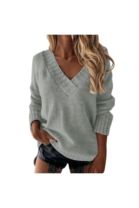 Womens Sweaters Casual Long Sleeve V-Neck Herringbone Stitch Knitted Sweater Outdoor Daily Clothes Loose Sweater