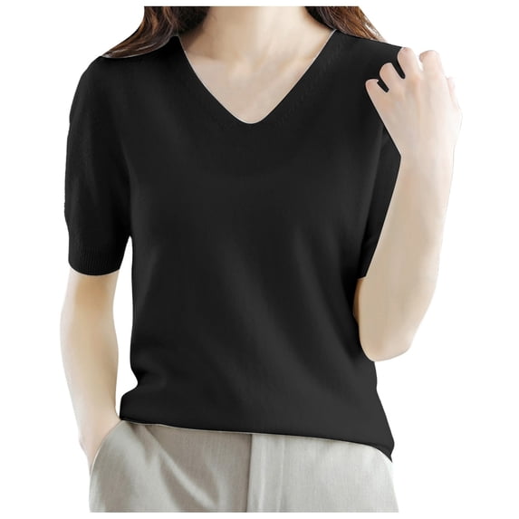 Yuanlong Womens Sweaters Casual V Neck Short Sleeve Stockinette Knitwear Ladies Spring Fall Loose Comfort Pullover Tops
