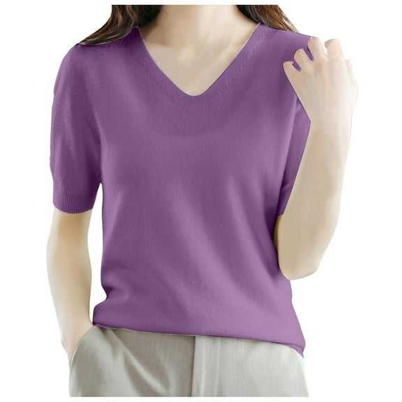 Yuanlong Womens Sweaters Casual V Neck Short Sleeve Stockinette Knitwear Ladies Spring Fall Loose Comfort Pullover Tops
