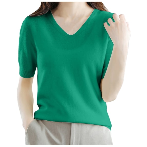 Yuanlong Womens Sweaters Casual V Neck Short Sleeve Stockinette Knitwear Ladies Spring Fall Loose Comfort Pullover Tops
