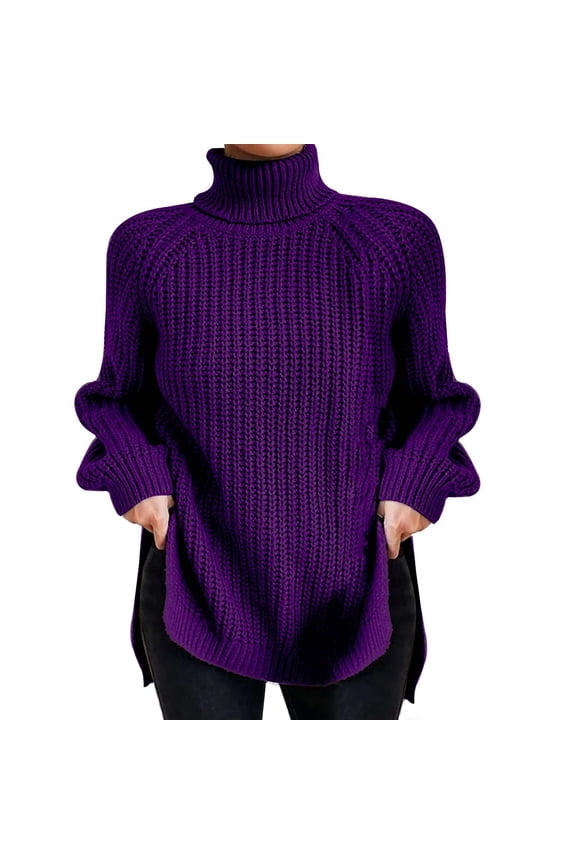 Womens Sweaters Fashion Roll Neck Long Sleeved Split Hem Ribbed Sweater Daily Streetwear Loose Pullover Knitwear