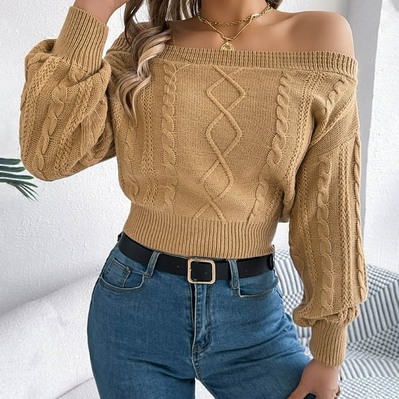 Yuanlong Womens Sweaters Fashionable Off The Shoulder Long Sleeves Cable Knitted Sweater Daily Slim Pullover Cropped Tops