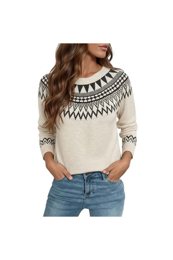 Womens Sweaters Geometric Print Long Sleeve Ribbed Crewneck Pullover Sweater Winter Versatile Warm Oversize Lady Knit Shirt Tops