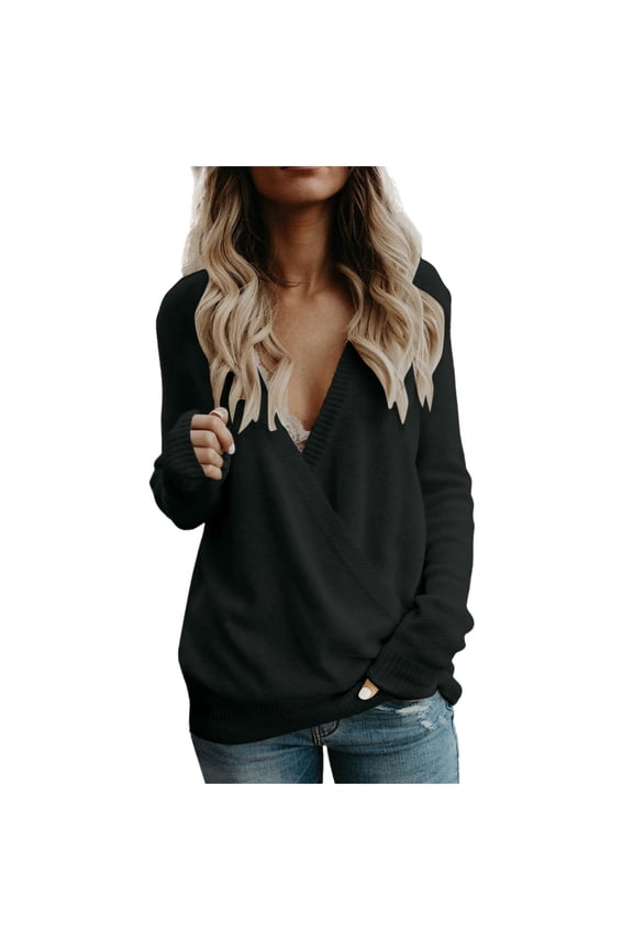 Womens Sweaters Long Sleeve Deep V-neck Front Cross Layer Design Knitwear Top Fall Winter Breathable Loose Sweater