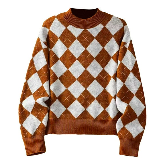 Yuanlong Womens Sweaters Long Sleeved Ribbed High Neck Plaid Pullover Sweater Fall Winter Classic College Style Ladies Cozy Knitwear Tops