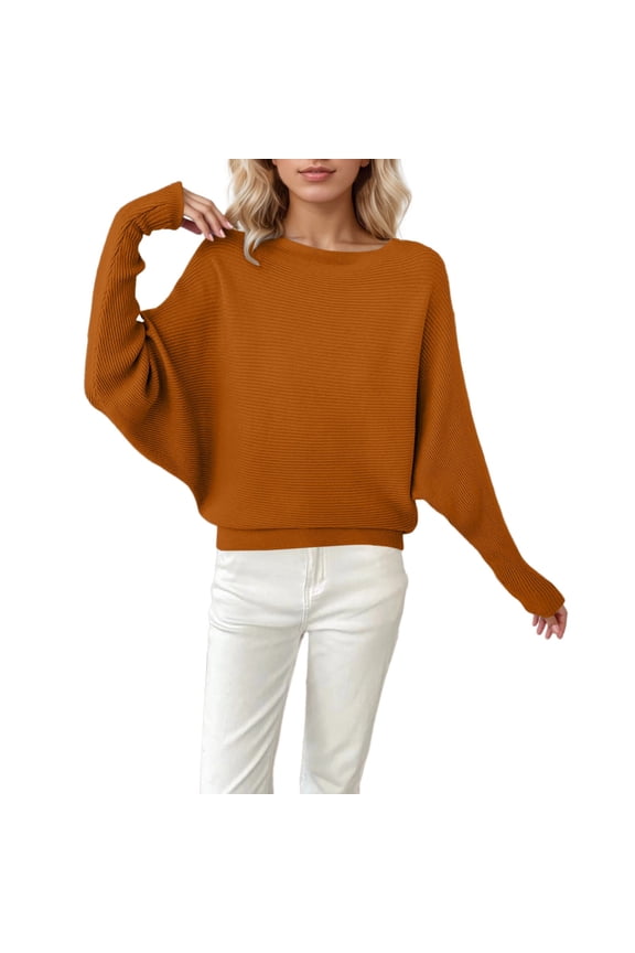 Womens Sweaters Loose Fit Batwing Sleeve Boat Neck Knit Sweater Fall Winter Steetwear Solid Color Pullover Tops