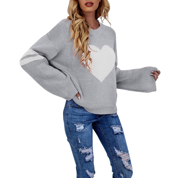 Yuanlong Womens Sweaters Oversized O Neck Drop Shoulder Large Heart Print Long Sleeve Knitwear Holiday Wear Fashion Sweater