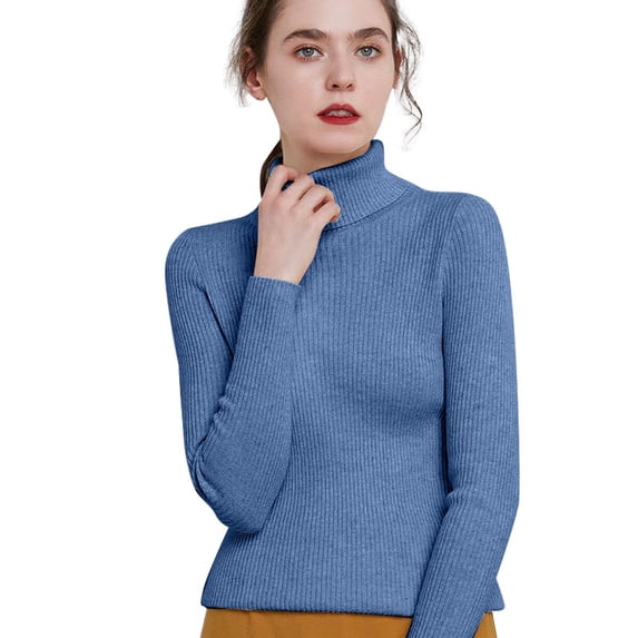 Yuanlong Womens Sweaters Solid Color Long Sleeve High-Neck Ribbed Knitwear Sweater Fall Winter Layering Warm Loose Ladies Pullover Tops