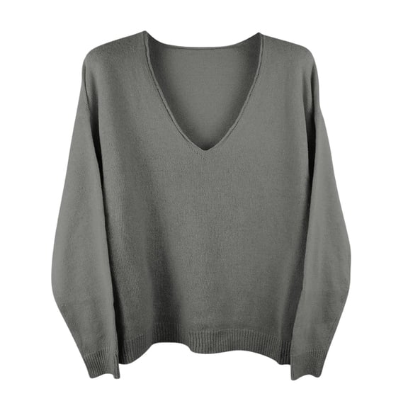 Yuanlong Womens Sweaters Stylish Deep V-Neck Long Sleeve Solid Color Knitted Sweater For Daily Wear Casual Pullover Tops