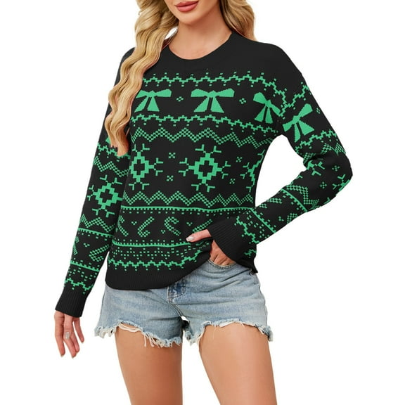 Yuanlong Womens Sweaters White Bows Jacquard Pattern Pullover Sweater Christmas Holiday Soft Ribbed Crewneck Knit Tops