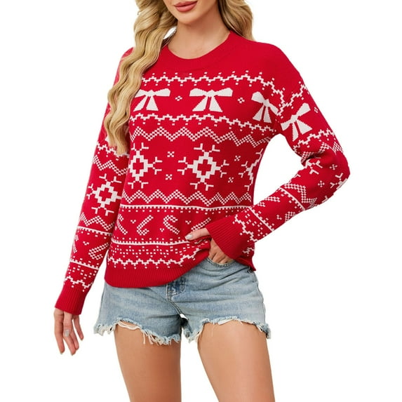 Yuanlong Womens Sweaters White Bows Jacquard Pattern Pullover Sweater Christmas Holiday Soft Ribbed Crewneck Knit Tops