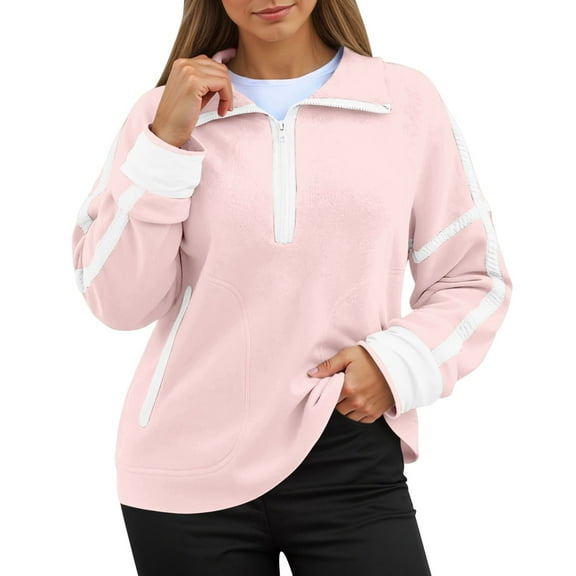 Yuanlong Womens Sweatshirts Color Block Half-Zip Side Stripes Sweatshirt Oversized Pullover Casual Daily Wear Cozy Tops