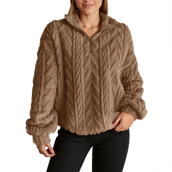 Yuanlong Womens Sweatshirts Fuzzy Cable Knit Quarter Zip Lapel Collar Long Sleeve Sweatshirt Winter Thermal Pullover Top